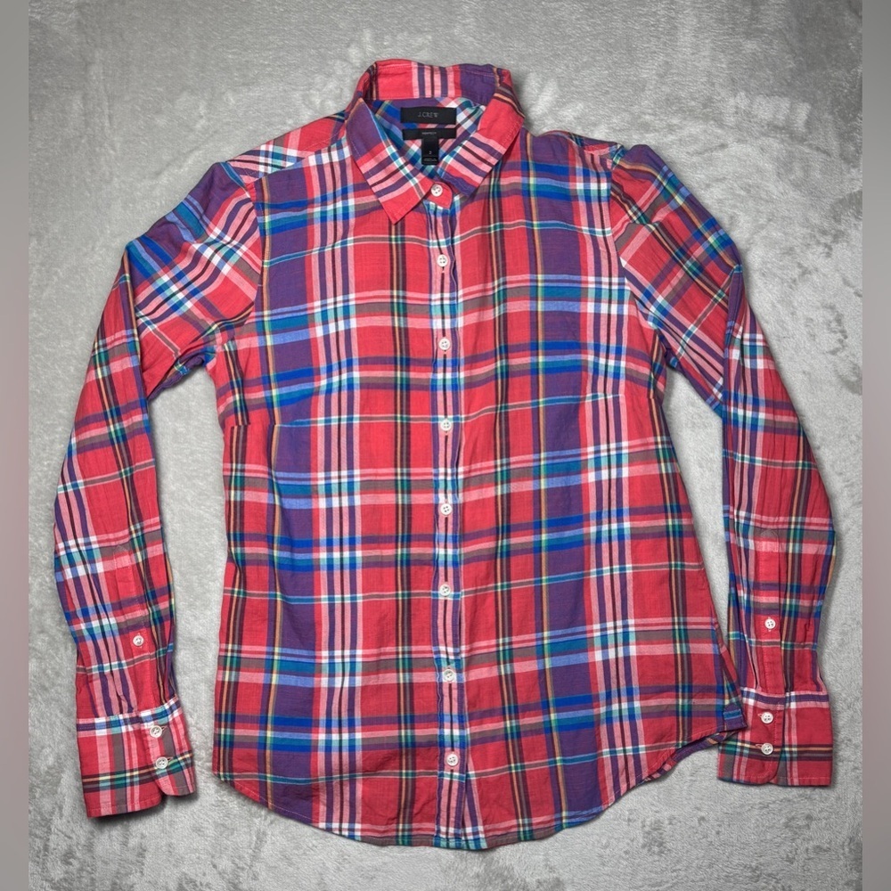 J.Crew Women’s The Perfect Lightweight Plaid Button Up Collared Red Shirt Size 2